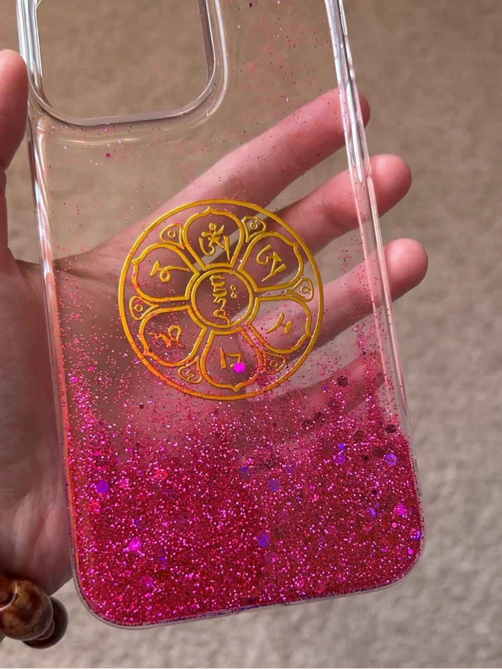 Handmade Tibetan Buddhist Mantra Lotus Pink Glitter IPhone 14 Pro Max Soft Case